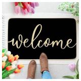 Black Welcome Door Mat, Home Decor Indoor Outdoor Non-Slip Floor Mat for Entrance, Outside Entry, Patio 17x30 Inches flowers