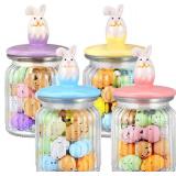 Nitial 4 Pcs Easter Glass Jar with Cap Bunny Rabbit Egg Shape Clear Candy Jar Decorative Food Storage Canister with Airtight Ceramic Lid for Eater Party Tea Cookie Table Decoration (7.8 oz,Bunny)