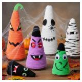 Hoolerry 6 Pcs Mini Yarn Halloween Artificial Tree Toppers Pumpkin Bat Witch Ghost Farmhouse Halloween Table Decorations Home Decor Ornaments 7.9/6.3/4.9 In