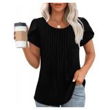 OFEEFAN Womens Tops Tulip Short Sleeve Blouses Pleated Front Summer Beach Vacation Outfits M Peach