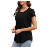 OFEEFAN Womens Tops Tulip Short Sleeve Blouses Pleated Front Summer Beach Vacation Outfits M Peach