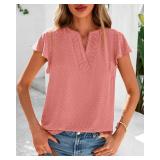 PRETTYGARDEN Womens Summer Tops 2025 Casual Ruffle Sleeve Pleated V Neck Shirts Dressy Swiss Dot T-Shirts Crochet Blouse XXL Blue