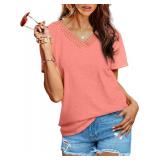 Aokosor Womens Summer Tops 2025 Trendy Crochet V Neck Tee Shirts Short Sleeve Casual white L