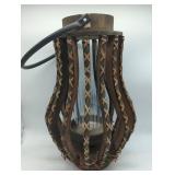 Holiday Woven Wooden Lantern with black metal Handle & berries