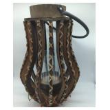 Holiday Woven Wooden Lantern with black metal Handle & berries