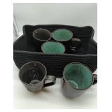 Yellowstone RIP Collection brand 2 mugs &  Threshold Belmont Green Stoneware Mugs, in fabric basket