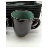 Yellowstone RIP Collection brand 2 mugs &  Threshold Belmont Green Stoneware Mugs, in fabric basket
