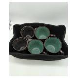 Yellowstone RIP Collection brand 2 mugs &  Threshold Belmont Green Stoneware Mugs, in fabric basket