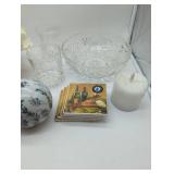 Home Decor - 3 mini vases, 1 hydrangea floral, 1 decor ball, 4 zinfandel wine coasters, 2 glass tumblers & glass bowl with glass electronic candle (untested). As is, see images.