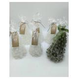 5 Shiny White Tree Place & Time Unscented Wax Candles & 1 Green Christmas tree candle. 6 count in lot.