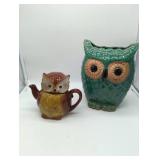 Brown Owl Teapot with Green Ceramic Owl Decor pot