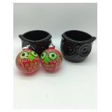 Owl Holiday Decor Set, 2 ornaments & 2 black ceramic containers
