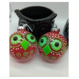 Owl Holiday Decor Set, 2 ornaments & 2 black ceramic containers