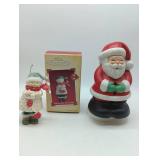 Schmid Porcelain Santa turns with music box - works. & Hallmark Keepsake Shiver-Me Tim Brrr Snowman Ornament