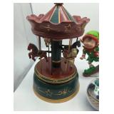 Holiday Decor of: Wooden merry go round with working music box; 2 Elves, NASCAR #8 Dale Jr., Hallmark train ornament. 5 items in lot