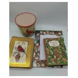 Cardinal ceramic flower pot, 2 Christmas card stacks, snowman large notepad.