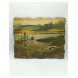 Vintage Lakeside Fishing Scene Decoupage Wall Art