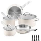 Farberware Luster 14 Pcs Stainless Steel Cookware Set with Cooking Tools, Induction Compatible, Dishwasher Safe, Metal Utensil Safe, Oven-Safe to 500°F, White