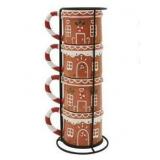 533Holiday Time Gingerbread House Stackable Stoneware Mug with Metal Rack Set, Multi Color
