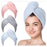 Hicober Microfiber Hair Towel Wrap, Fast Drying Hair Towels for Women, Soft Lightweight Quick Dry Turban for Curly & Long Hair 3 Pack(Blue/Grey/Pink)