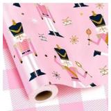Nutcracker Wrapping Paper, Pink Christmas Wrapping Paper, Pastel Pearly-Lustre Nutcracker and Plaid Design Christmas Gift Wrap for Holiday, Party (Mini Roll, 17 Inch X 33 Feet)