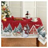 Smile Snowman House Christmas Trees Winter Tablecloth 60 x 84 Inch  Red