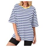 TERIVEEK Women Oversized Striped Color Block Short Sleeve Crew Neck T-Shirts Casual Loose Pullover Tops Summer Tee Shirt Blue White Small