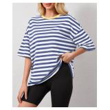 TERIVEEK Women Oversized Striped Color Block Short Sleeve Crew Neck T-Shirts Casual Loose Pullover Tops Summer Tee Shirt Blue White Small