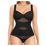 Nebility Shapewear Bodysuit for Women Tummy Control Waist Trainer Backless Body Shaper V-Neck with Built in Bra(Black,Medium)