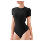 REORIA Womens Short Sleeve Bodysuits Crew Neck Double Lined Slim Tank Thong Body Suits Summer Outfits Black Large