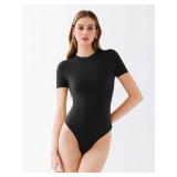 REORIA Womens Short Sleeve Bodysuits Crew Neck Double Lined Slim Tank Thong Body Suits Summer Outfits Black Large