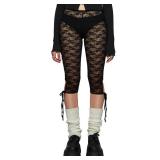 Aiwpstoin Women Sheer Floral Lace Leggings Capris Y2K See Through Knee Length Tights Thigh High Stockings (Black, L)