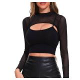 Mesh Crop Tops for Women Sexy Rave Outfits Long Sleeve Mock Neck Sheer Top Festival See Through Shirt Fishnet Cover Up Black Large