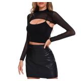 Mesh Crop Tops for Women Sexy Rave Outfits Long Sleeve Mock Neck Sheer Top Festival See Through Shirt Fishnet Cover Up Black Large