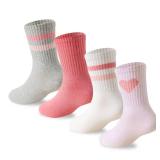 Wamvp Girls Socks Kids Pink Crew Athletic Socks with Hearts Striped 4 Pairs for Children 7-10 Years