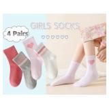 Wamvp Girls Socks Kids Pink Crew Athletic Socks with Hearts Striped 4 Pairs for Children 7-10 Years
