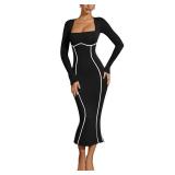 MAYFASEY Womens Maxi Dress Square Neck Long Sleeve Dress Contrast Binding Cocktail Evening Party Elegant Sexy Dresses Black M