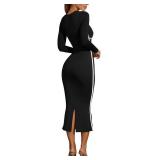 MAYFASEY Womens Maxi Dress Square Neck Long Sleeve Dress Contrast Binding Cocktail Evening Party Elegant Sexy Dresses Black M