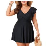 Smismivo Plus Size Swim Dress One Piece Swimsuit Women Tummy Control Full Coverage Curvy Bathing Suit Short Sleeve Modest Swimwear Skirt with Shorts Swimdress Slimming Push Up 1 Piece Black 2XL
