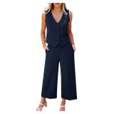 LookbookStore Womens 2 Piece Outfits Dressy Navy Blue 2 Piece Vest and Pants Set Business Professional Clothes Suits Set Dressy for Work Woman Pant Suit Dark Blue Size XX-Large Size 20 22