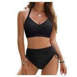 Blooming Jelly Womens High Waisted Bikini Sets Ruched Tummy Control Bathing Suit 2 Piece Swim Suit (Medium, Black)