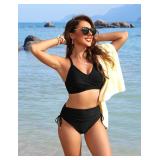 Blooming Jelly Womens High Waisted Bikini Sets Ruched Tummy Control Bathing Suit 2 Piece Swim Suit (Medium, Black)