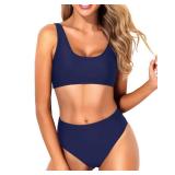 Tempt Me Women Navy Blue Two Piece Scoop Neck Bikini Crop Top Swimsuit Sporty High Waisted Bathing Suit XS