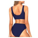 Tempt Me Women Navy Blue Two Piece Scoop Neck Bikini Crop Top Swimsuit Sporty High Waisted Bathing Suit XS