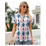 Rapbin Summer Tops for Women Short Sleeve Polo Shirts Casual V Neck Collared Shirts Diamond Pattern M