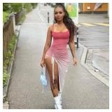 Nimsruc Womens Sexy Summer Dresses Spaghetti Strap Thigh-high Slit Ruched Bodycon Maxi Club Cocktail Party Dress FSJB S