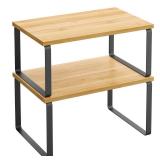 SONGMICS Cabinet Organizer Shelf, Set of 2 Kitchen Counter Shelves, Kitchen Storage, Spice Rack, Stackable, Expandable, Metal and Engineered Wood, Ink Black and Natural Beige UKCS02NB