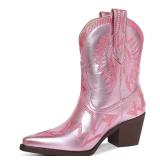 HOCHFART Cowgirl Boots For Women Embroidered Pointed Toe Western Boot Chunky Low Heel Pull-On Short Cowboy Boots Wide Calf Country Ankle Booties, Pink, Size 8
