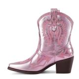 HOCHFART Cowgirl Boots For Women Embroidered Pointed Toe Western Boot Chunky Low Heel Pull-On Short Cowboy Boots Wide Calf Country Ankle Booties, Pink, Size 8
