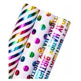 WRAPAHOLIC Birthday Wrapping Paper Roll - Mini Roll - 3 Rolls - 17 inch x 120 inch Per roll - Colorful Foil Birthday Design for Party, Holiday, Baby Shower